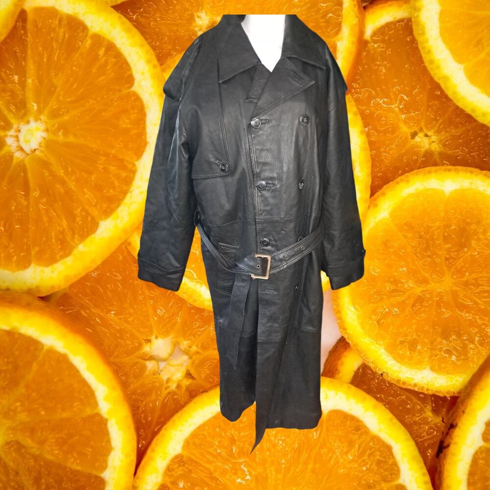 Vintage Charles Klein Black Leather Trench Coat With Belt‎ Size Medium